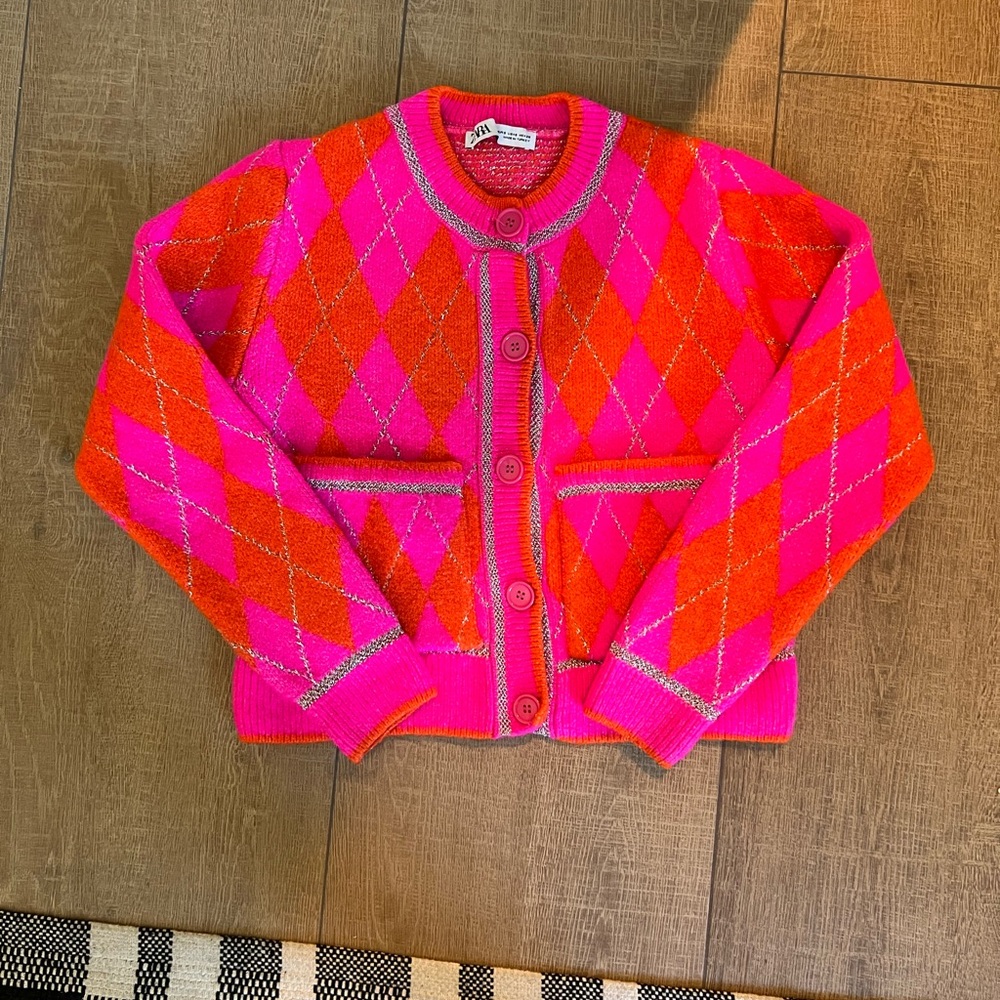 Zara Pink and Orange Argyle Cardigan